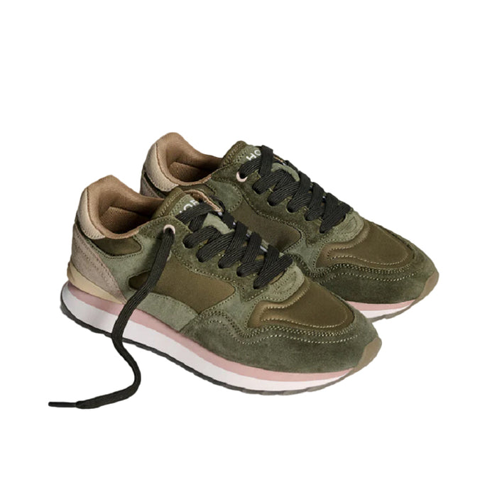 Women’s green leather lace-up sneakers with two-tone upper and cushioned white sole