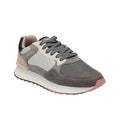 Multicolor leather women's sneaker with gray knit panels, lace-up, padded collar