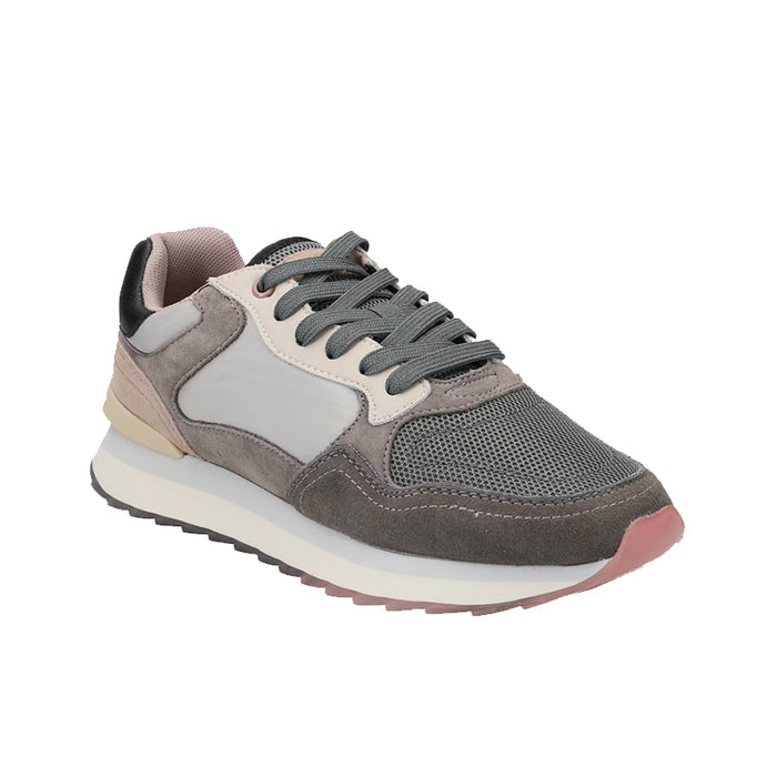 Multicolor leather women's sneaker with gray knit panels, lace-up, padded collar