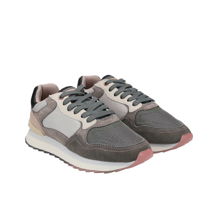 Pair of multicolor women's sneakers in gray and off-white, lace-up front shoes