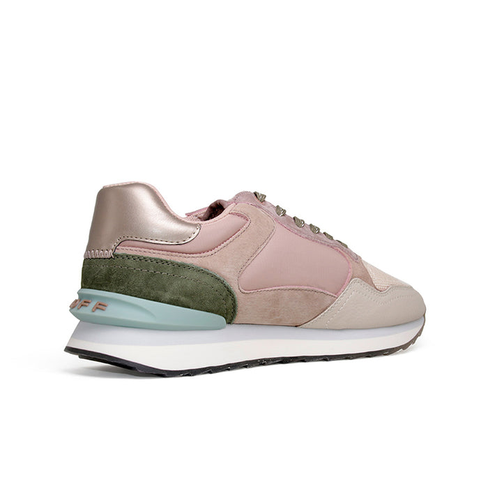 Women’s leather lace-up sneakers with pink upper, beige overlays, green side stripe