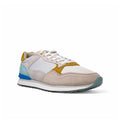 Men's leather sneakers with white uppers, beige panels, mustard and blue accents