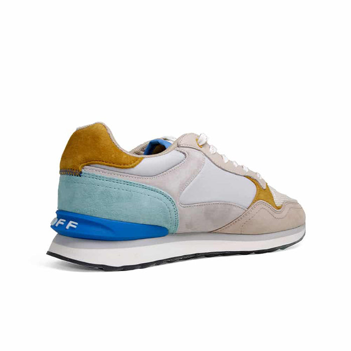 Men's leather sneakers, white with beige sole, blue heel, mustard suede collar