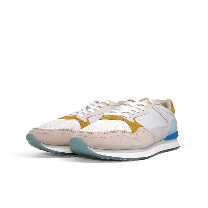 Men's leather sneakers, white with beige overlays, mustard trim, light blue outsole