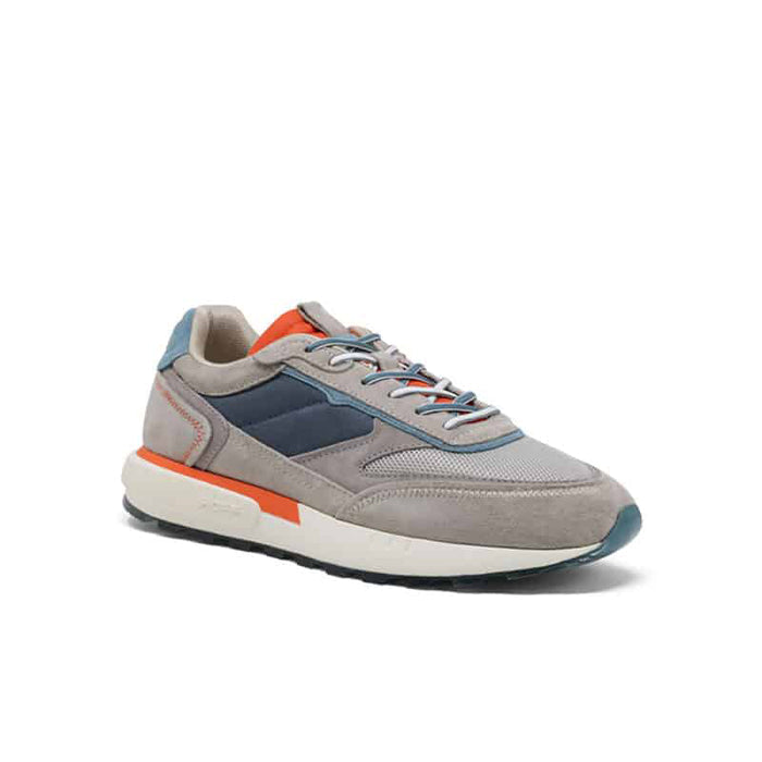 Men's lace-up casual sneakers in light gray with navy panels and orange accents