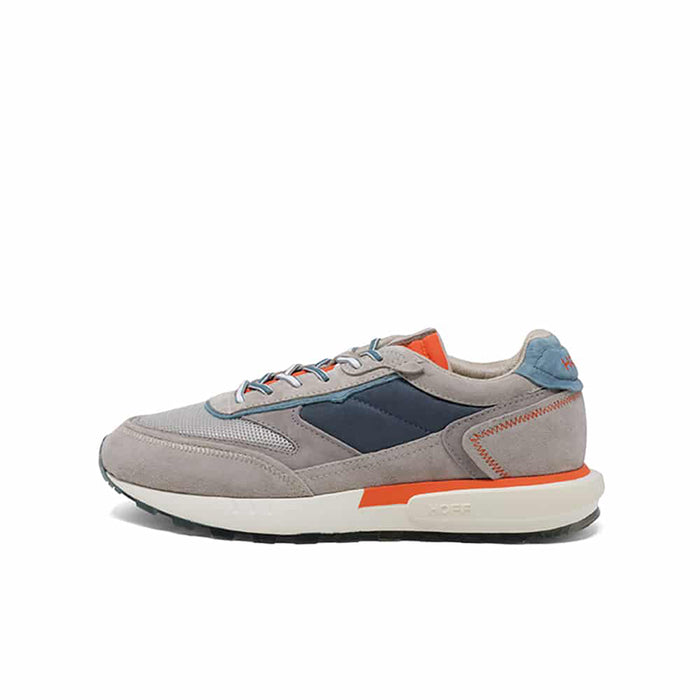 Men's casual lace-up sneakers, light gray with dark blue sides, orange heel stripe