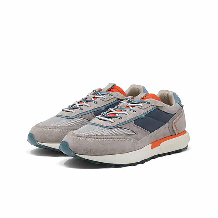Pair of men's casual lace-up sneakers, gray uppers with navy and orange highlights