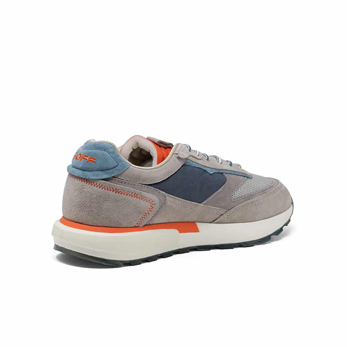 Men's casual sneakers, light gray suede with navy panel and orange sole trim