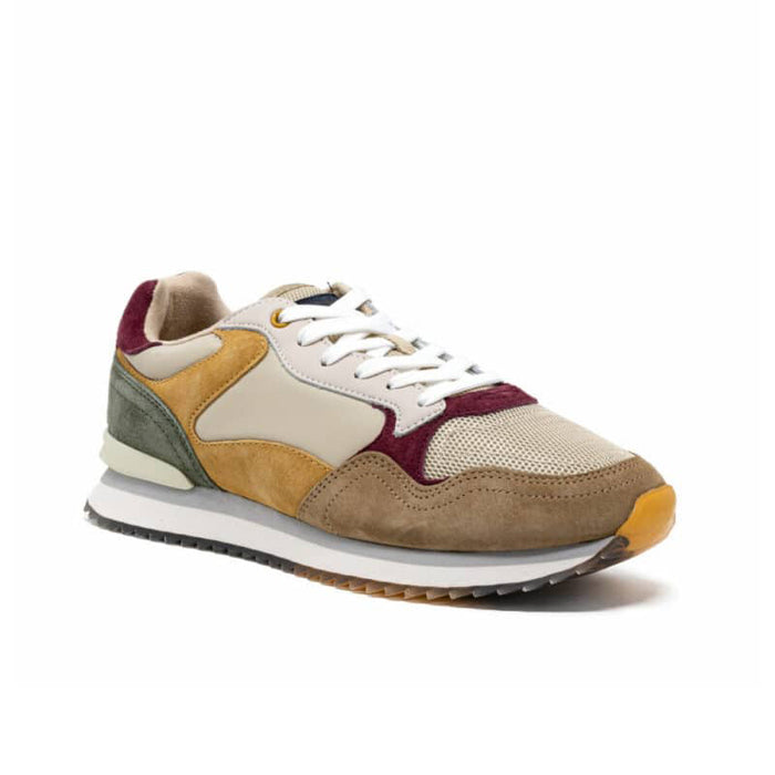 Men's multicolour sneakers with white laces, suede panels, and green heel