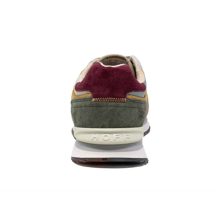 Men's multicolour sneakers, heel view, burgundy collar, green panel, cushioned back