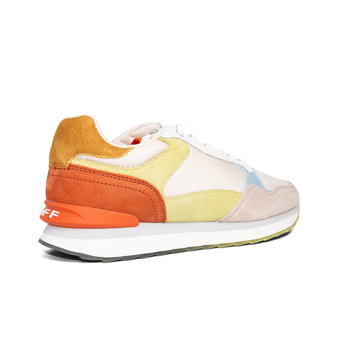 Women's multicolor sneakers, side view with orange heel trim and green accents
