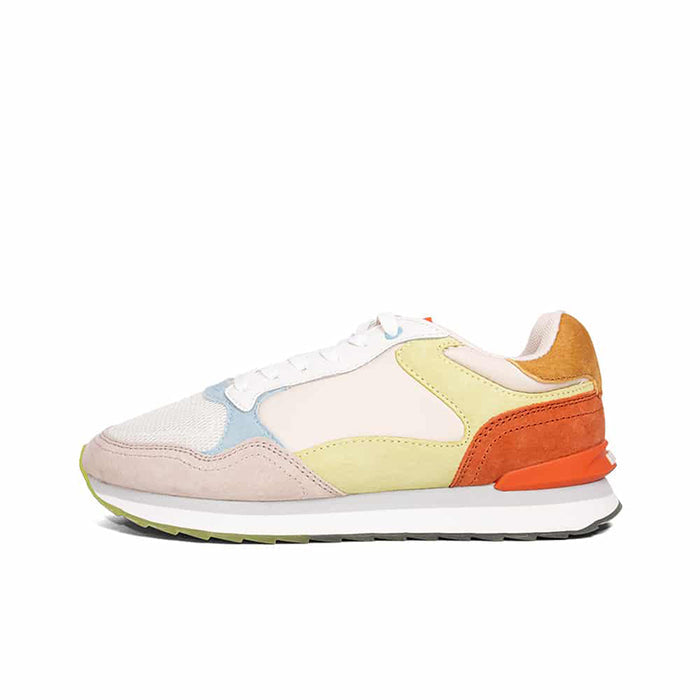 Women's multicolor sneakers, angled profile with white upper and orange heel panel