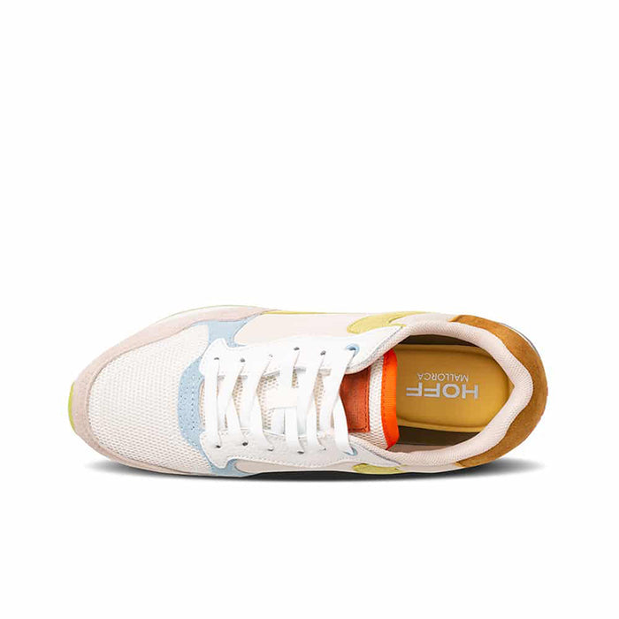 Women's multicolor sneakers, front lace-up view with white mesh and tan lining