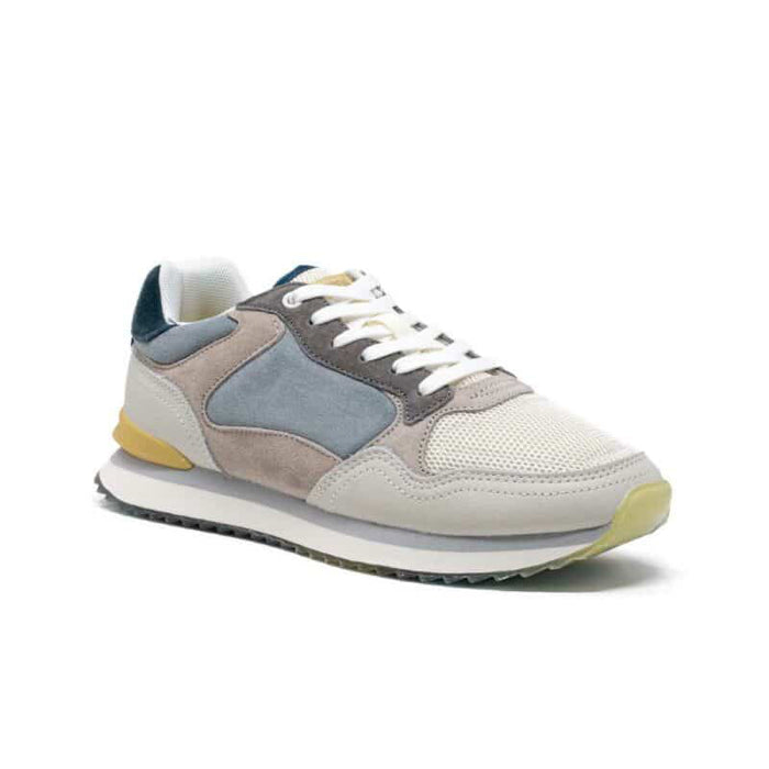 Women’s low-top sneakers, white mesh with blue and gray suede panels