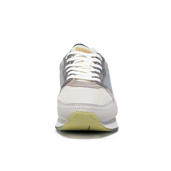 Women’s sneakers, lace-up front in gray and white with yellow heel accent