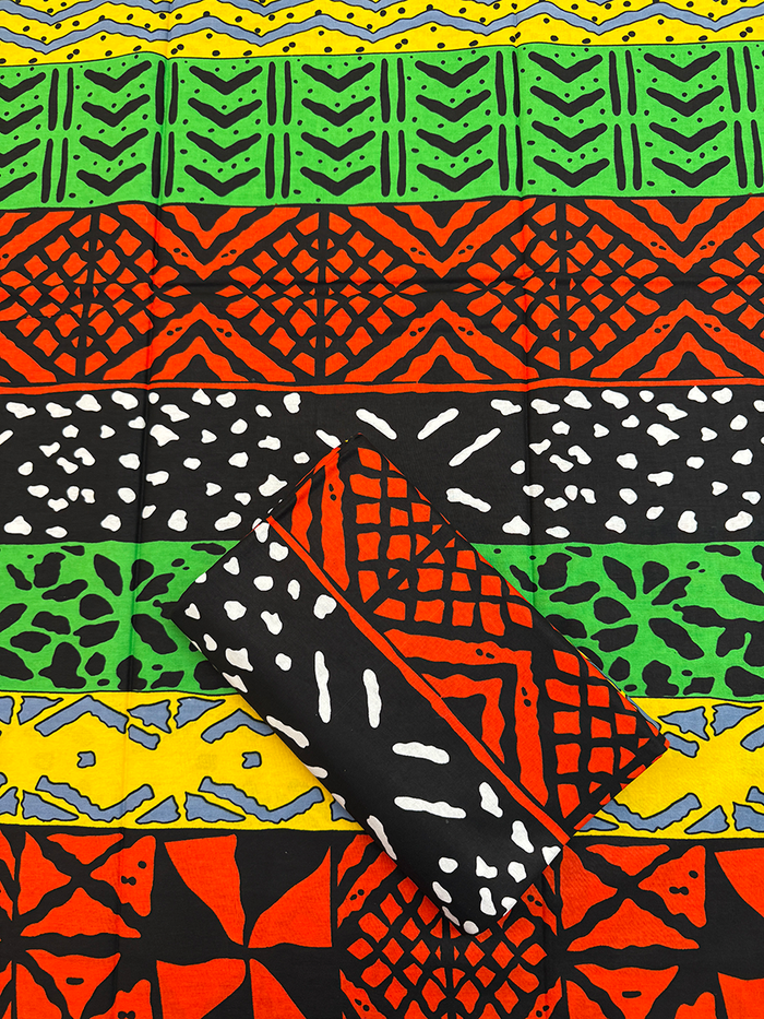 Hollandais Wax Print Fabric Orange Black Yellow Gray Lime Green and White