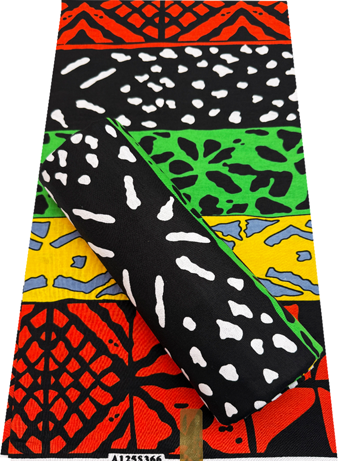 Colorful fabric with various patterns on a white background