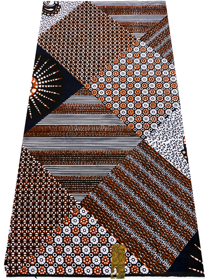 Hollandais Wax Print Fabric with geometric designs in brown, white, and black on a white background