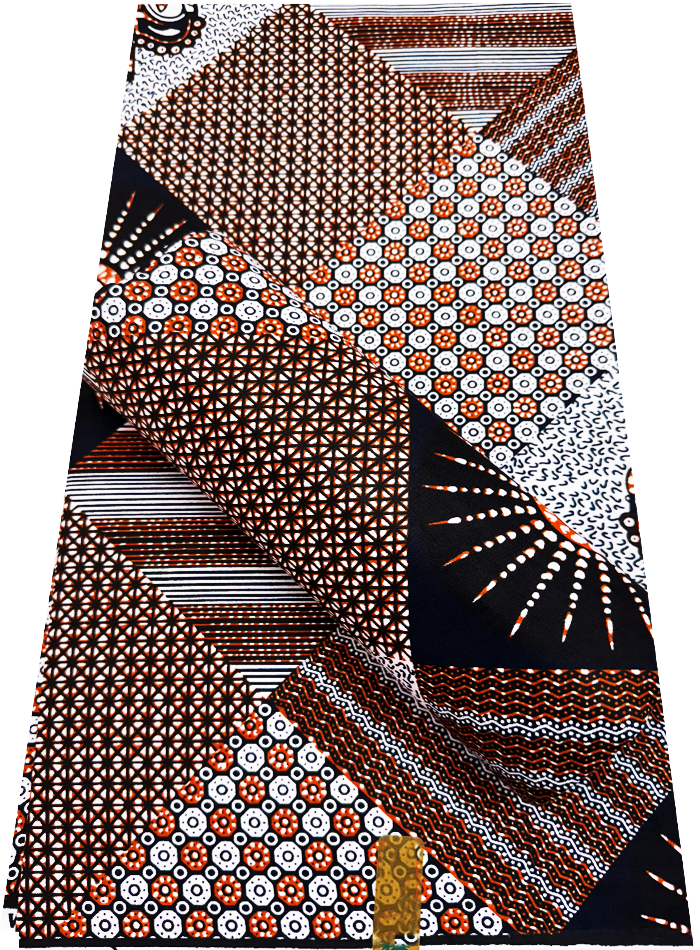 African print fabric with geometric patterns in brown, black, and white on a white background