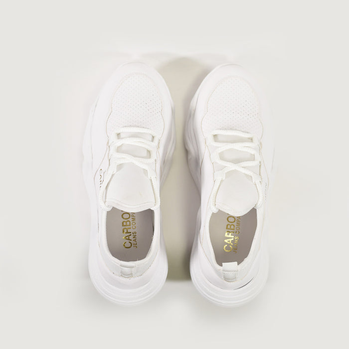 Top-down view of white Ice Chunky Platform Sneakers for women with gold Carbon branding on the insoles.