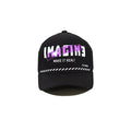 Carbon black IMAGIN snapback hat featuring purple holographic embroidery, Make It Real text, and urban stripe detail.
