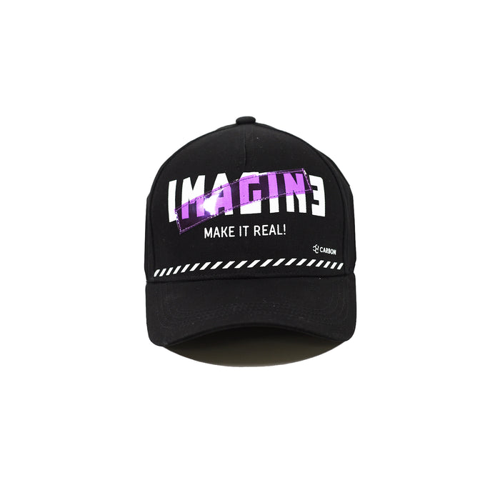 Carbon black IMAGIN snapback hat featuring purple holographic embroidery, Make It Real text, and urban stripe detail.