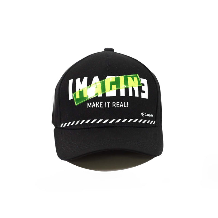Black IMAGIN embroidered snapback hat with neon green graphics, Make It Real text, and Carbon logo for streetwear vibes.