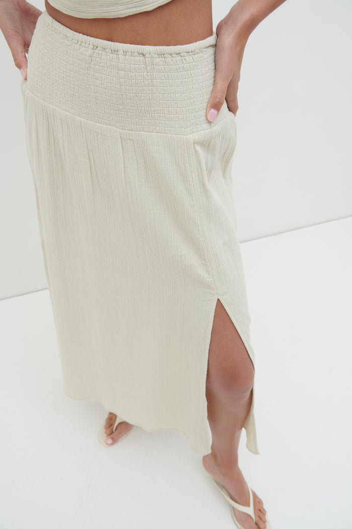Elissa Is 5'8.5" & Wears Size UK 8|Ingrid Ruched Midaxi Skirt - Beige