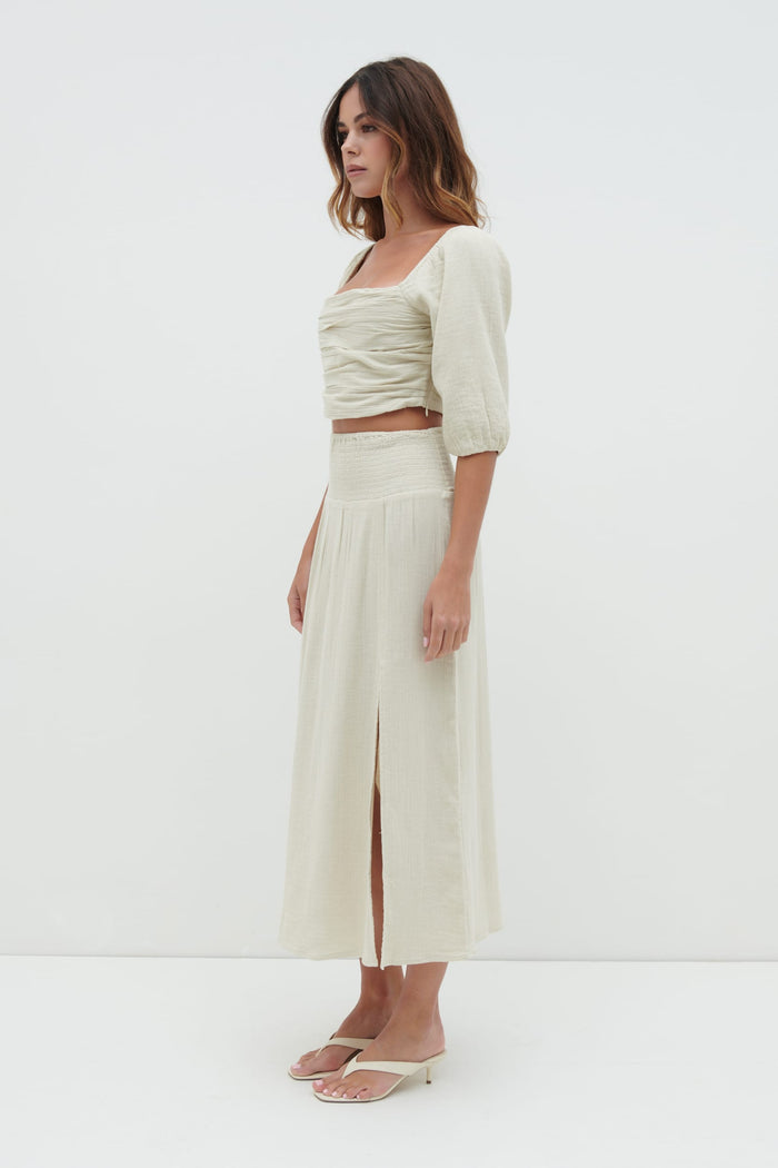 Elissa Is 5'8.5" & Wears Size UK 8|Ingrid Ruched Midaxi Skirt - Beige