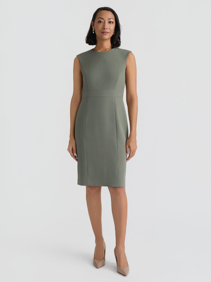 Jewel Neck Waistband Sheath Dress, Stretch Crepe, Dark Sea Stone | Kasper