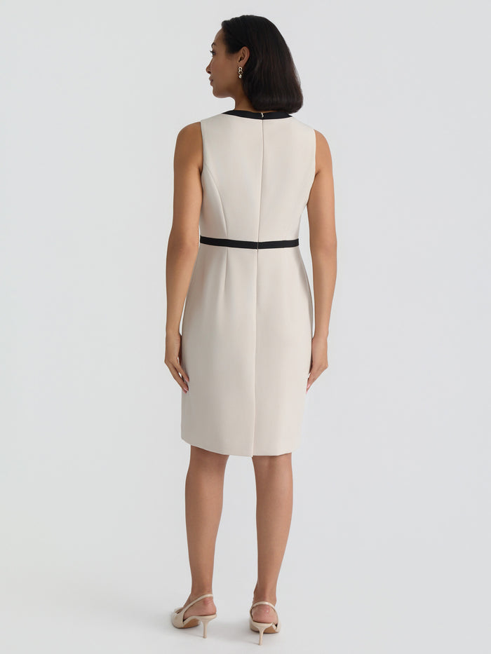Plus Jewel Neck Waistband Sheath Dress, Stretch Crepe, Parchment/Black | Kasper