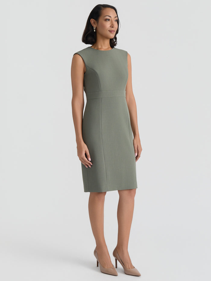 Jewel Neck Waistband Sheath Dress, Stretch Crepe, Dark Sea Stone | Kasper