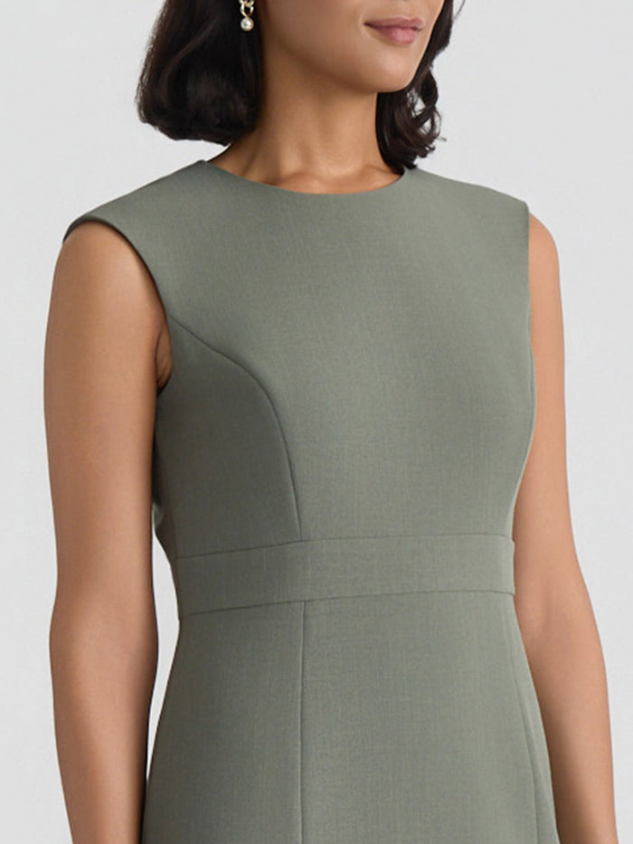 Jewel Neck Waistband Sheath Dress, Stretch Crepe, Dark Sea Stone | Kasper