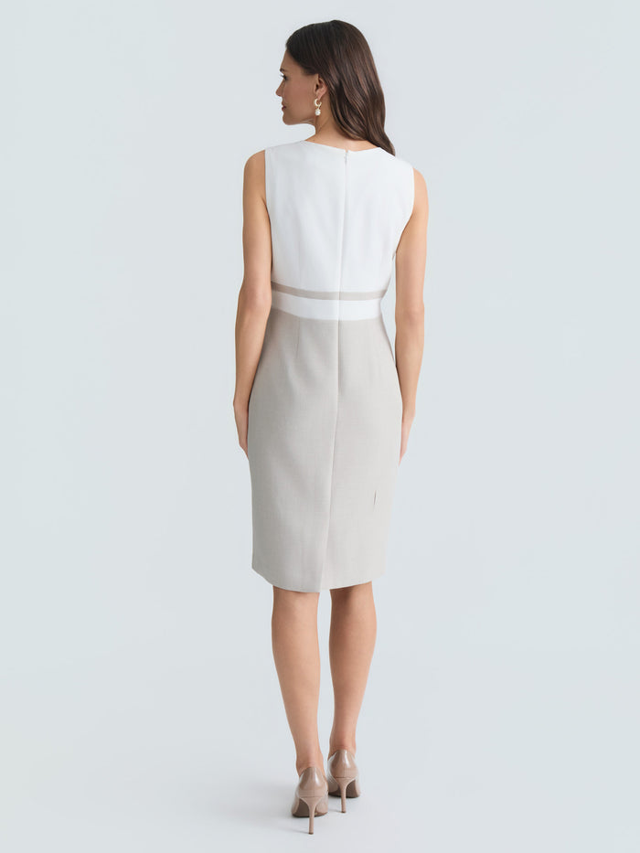 Jewel Neck Waistband Sheath Dress, Lily White/Summer Straw | Kasper