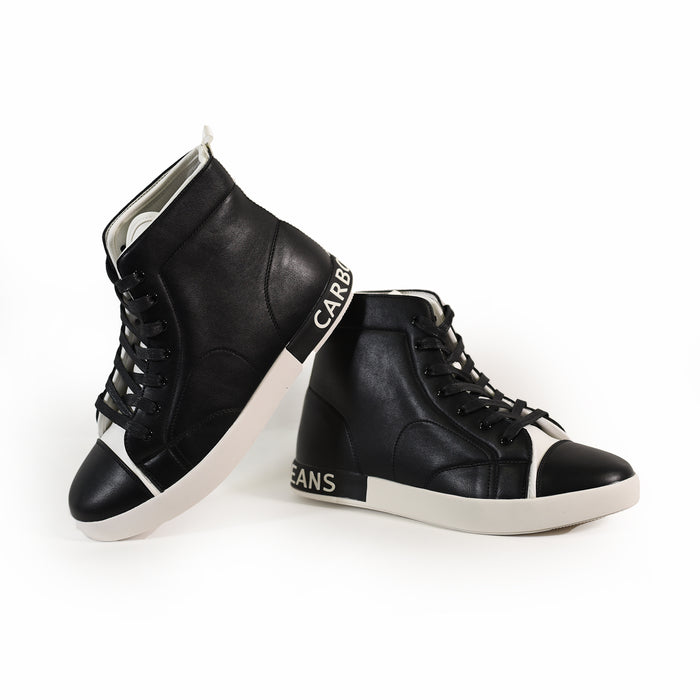 Jimmy Black high-top urban streetwear sneakers for men with Carbon Jeans branding on white soles.
