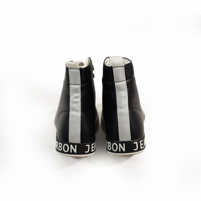 Rear view of Jimmy Urban Streetwear Sneakers in black with white Carbon Jeans heel branding and reflective back stripes.