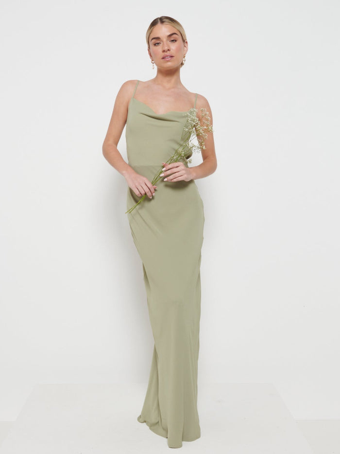 Taylor Is 5'9" & Wears Size UK 8|Keisha Chiffon Maxi Bridesmaid Dress - Olive