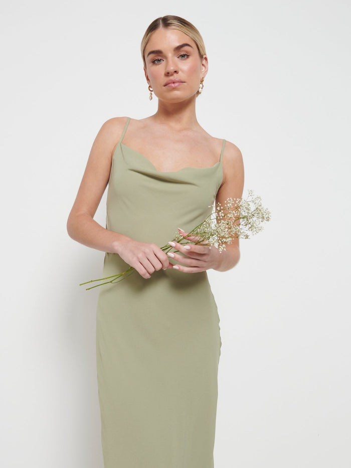 Taylor Is 5'9" & Wears Size UK 8|Keisha Chiffon Maxi Bridesmaid Dress - Olive