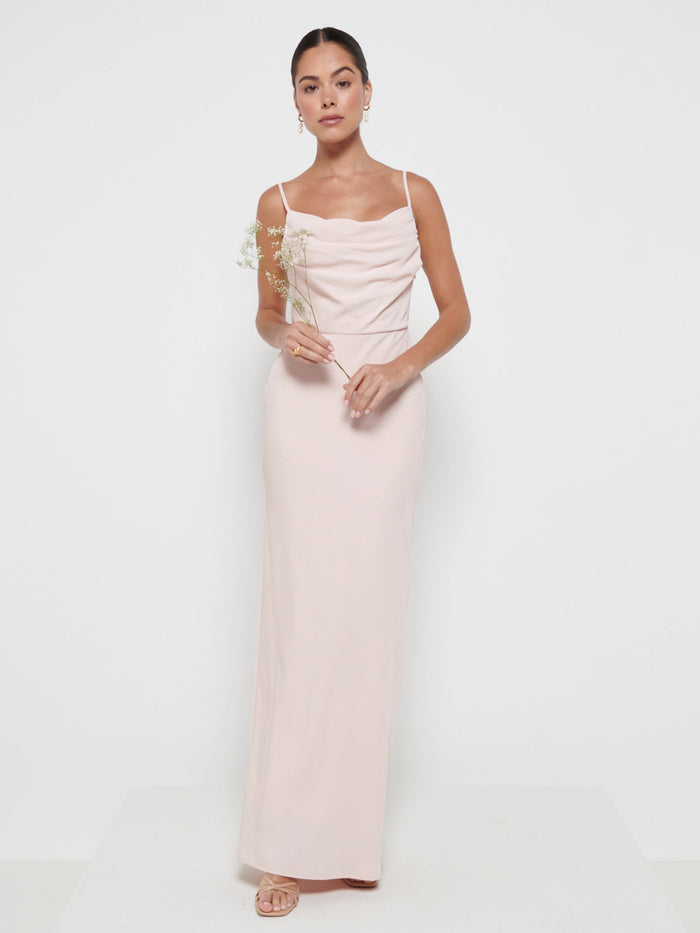 Elissa Is 5'8.5" & Wears Size UK 8|Keisha Cowl Neck Maxi Bridesmaid Dress - Blush