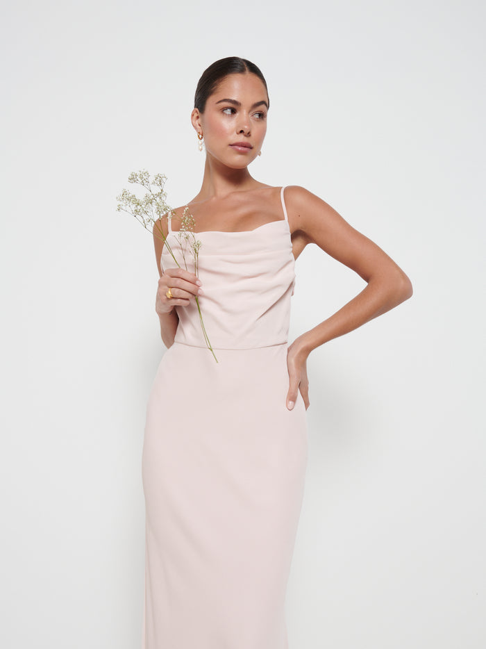 Elissa Is 5'8.5" & Wears Size UK 8|Keisha Cowl Neck Maxi Bridesmaid Dress - Blush