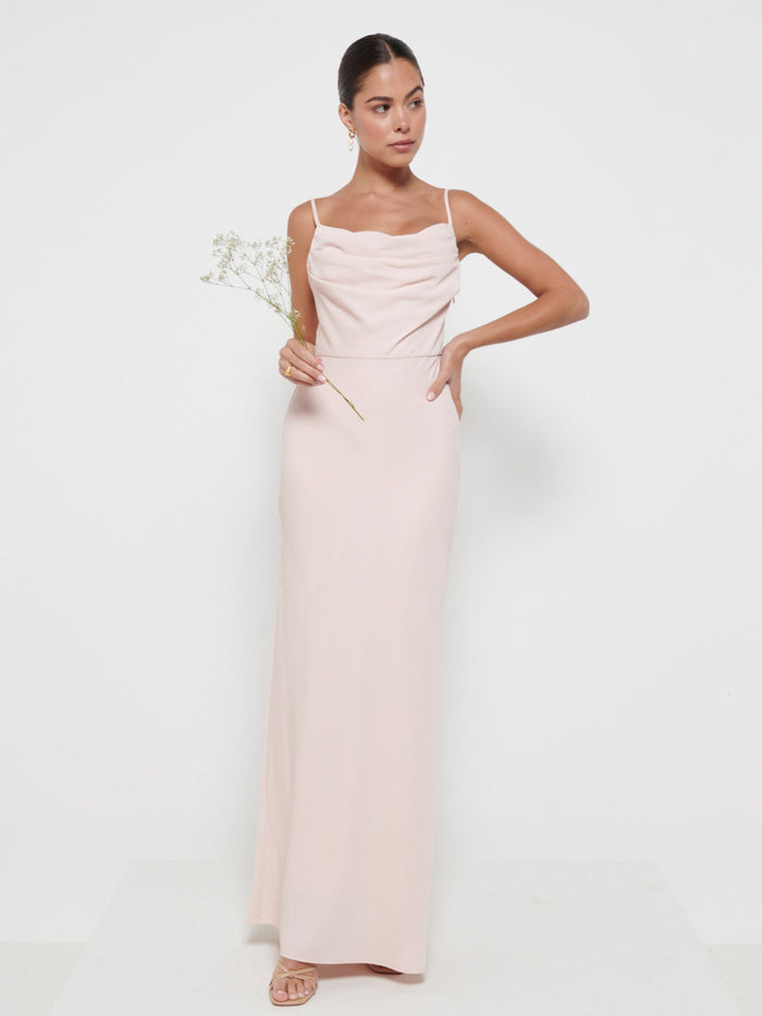 Elissa Is 5'8.5" & Wears Size UK 8|Keisha Cowl Neck Maxi Bridesmaid Dress - Blush