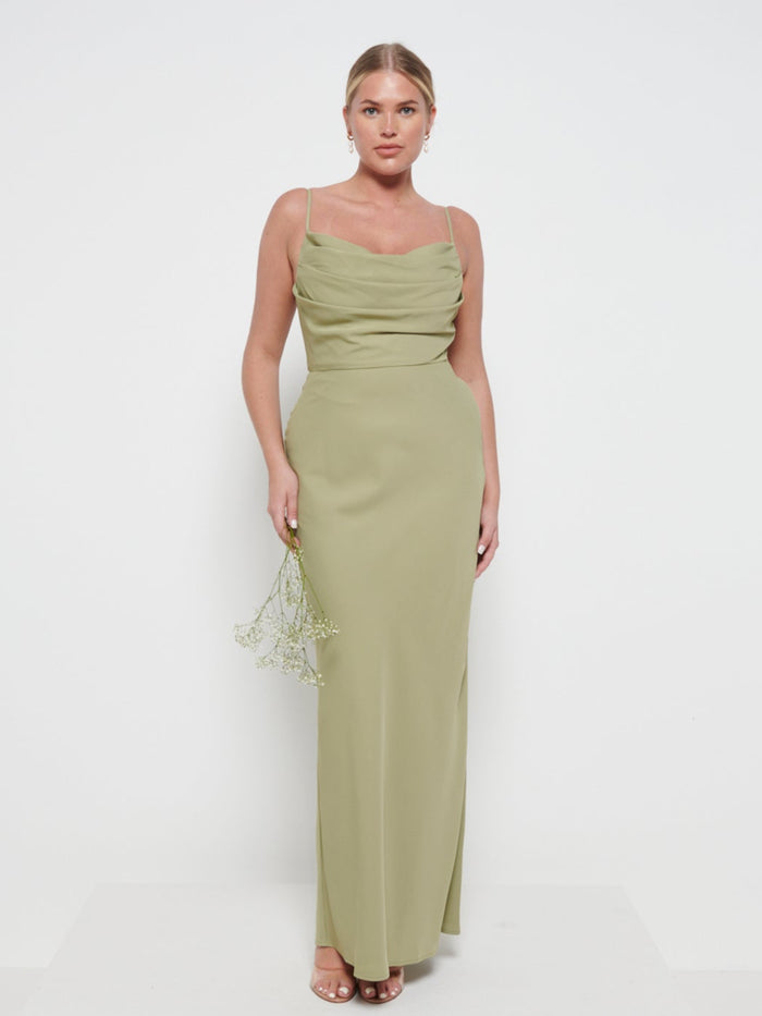 Elissa Is 5'8.5" & Wears Size UK 8|Keisha Cowl Neck Maxi Bridesmaid Dress - Olive