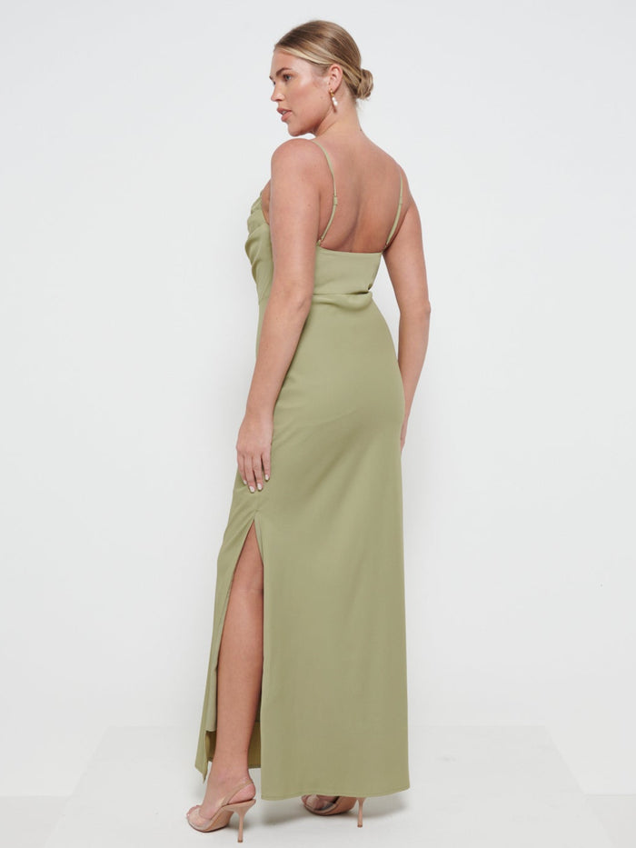 Elissa Is 5'8.5" & Wears Size UK 8|Keisha Cowl Neck Maxi Bridesmaid Dress - Olive