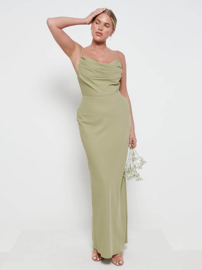 Elissa Is 5'8.5" & Wears Size UK 8|Keisha Cowl Neck Maxi Bridesmaid Dress - Olive