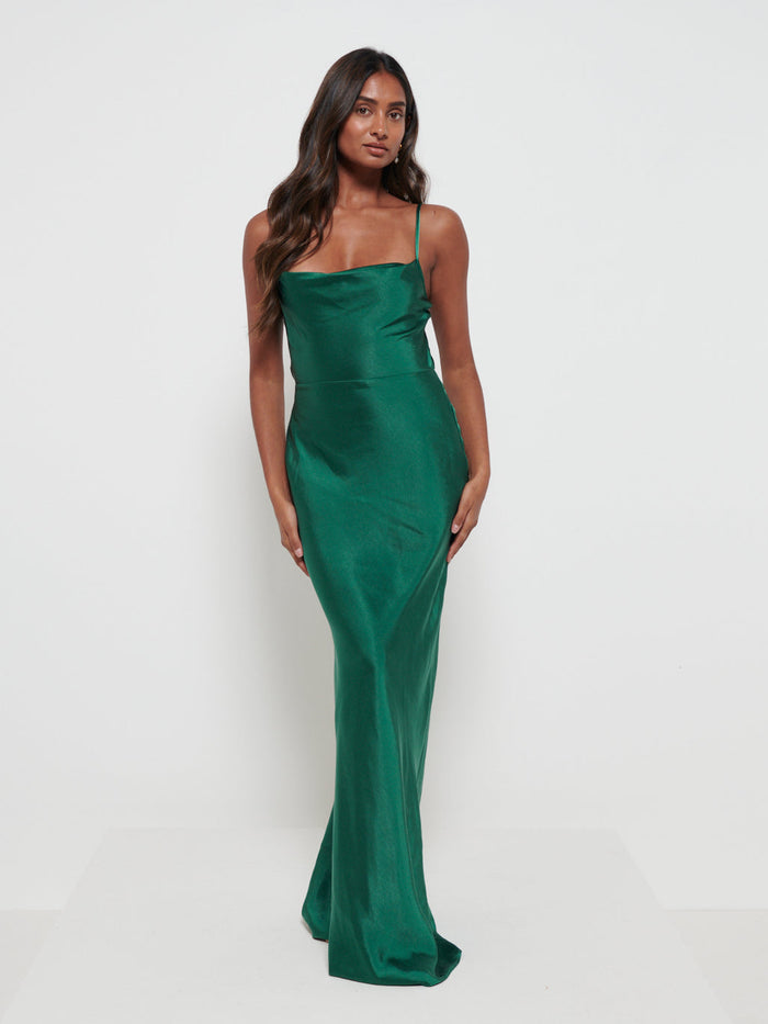 Sachi Is 5’7” & Wears Size UK 8|Keisha Maxi Bridesmaid Dress - Matte Emerald