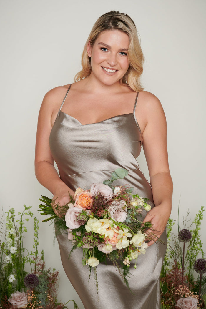 Paige is 5'9" & Wears Size UK 14|Keisha Maxi Bridesmaid Dress - Matte Olive Grey
