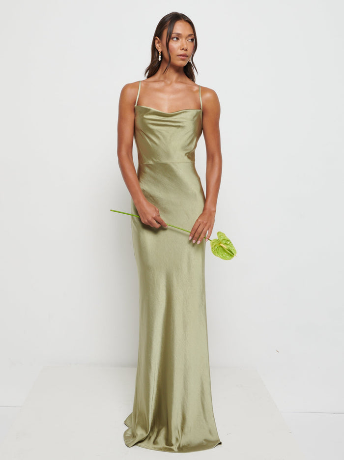 Model Is 5'9" & Wears Size UK 8|Keisha Maxi Bridesmaid Dress - Matte Olive