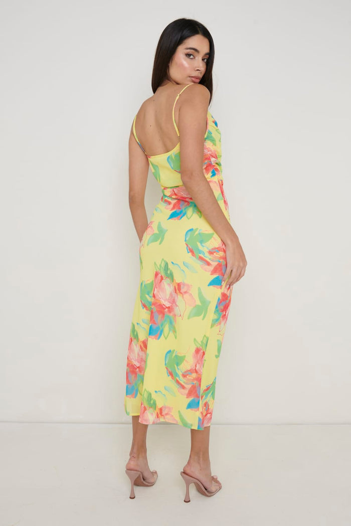 Keisha Ruched Midaxi Dress - Lemon Abstract Floral