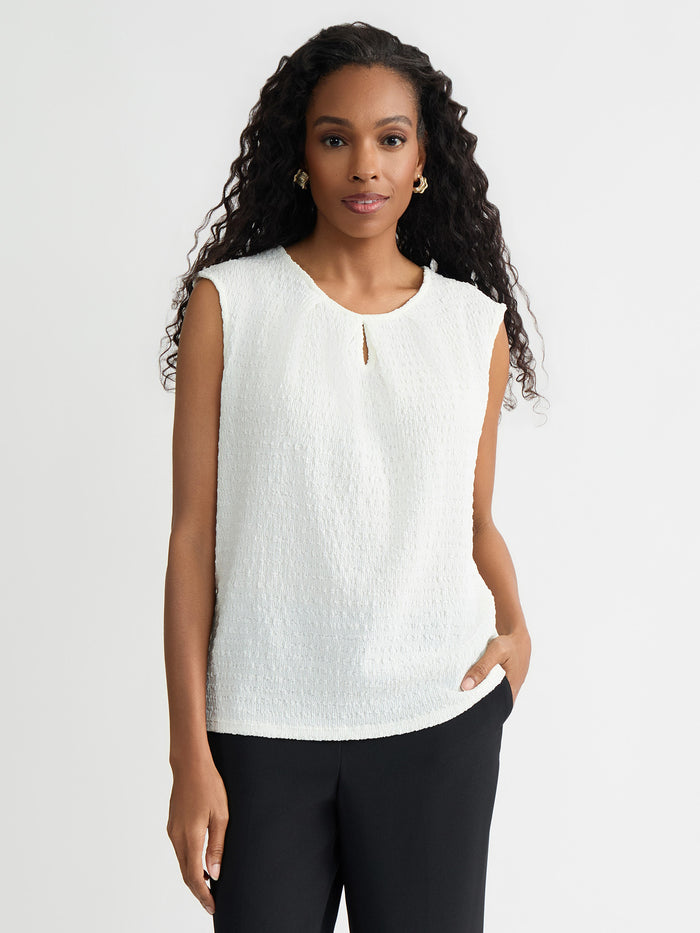 Plus Keyhole Pleat Neck Top, Crinkle Knit, Vanilla Ice | Kasper