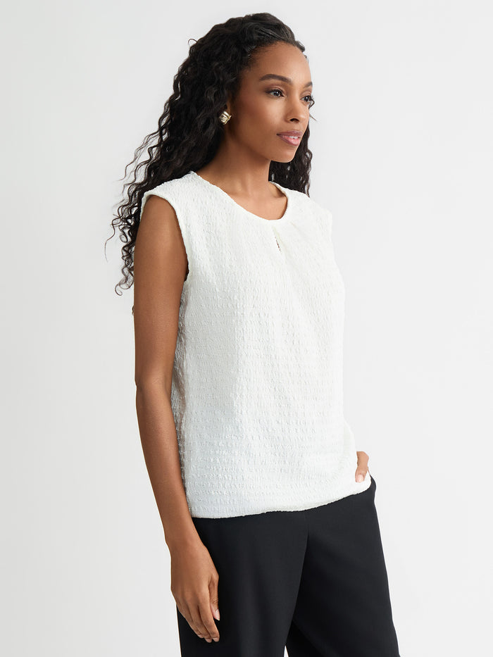 Plus Keyhole Pleat Neck Top, Crinkle Knit, Vanilla Ice | Kasper